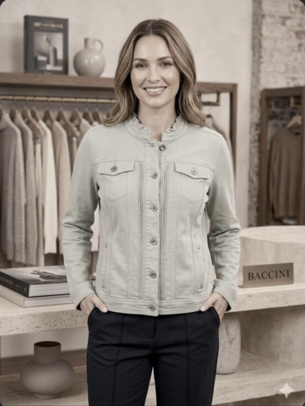 Baccini denim-style stretch knit jacket in a Muted Gray